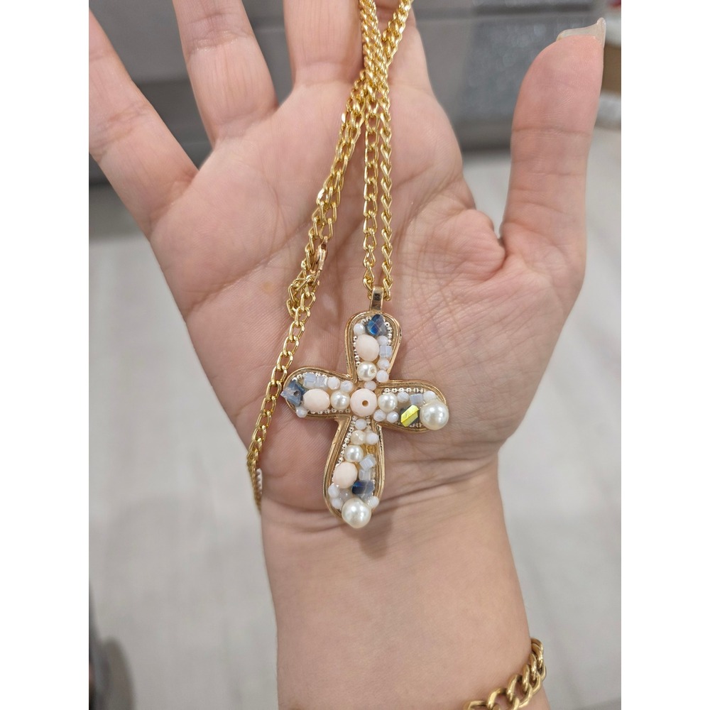 Gold Tone Cross Pendant Necklace Faux Pearl Crystal Beaded Statement Religious